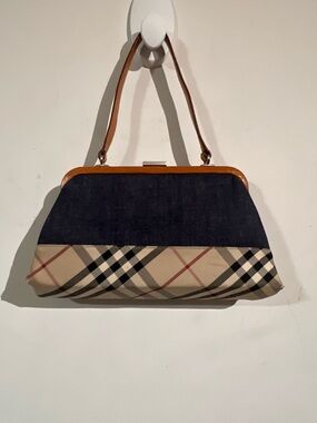 Burberry Navy and Beige Plaid Top-Frame Satchel